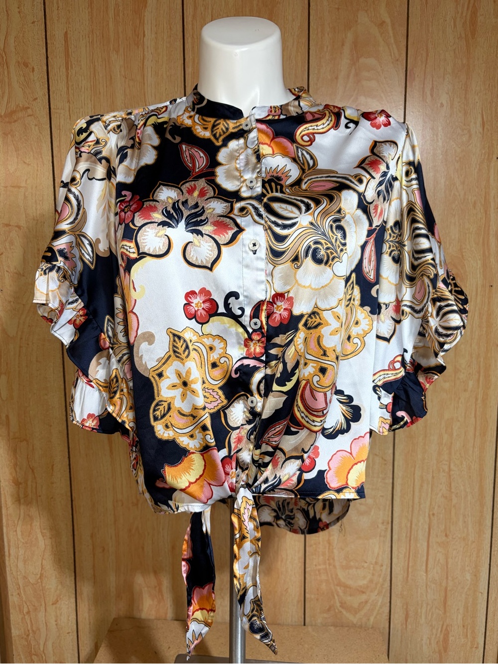 Chico's Floral Button-Front Tie Blouse - Black, Gold & Cream SZ - 14